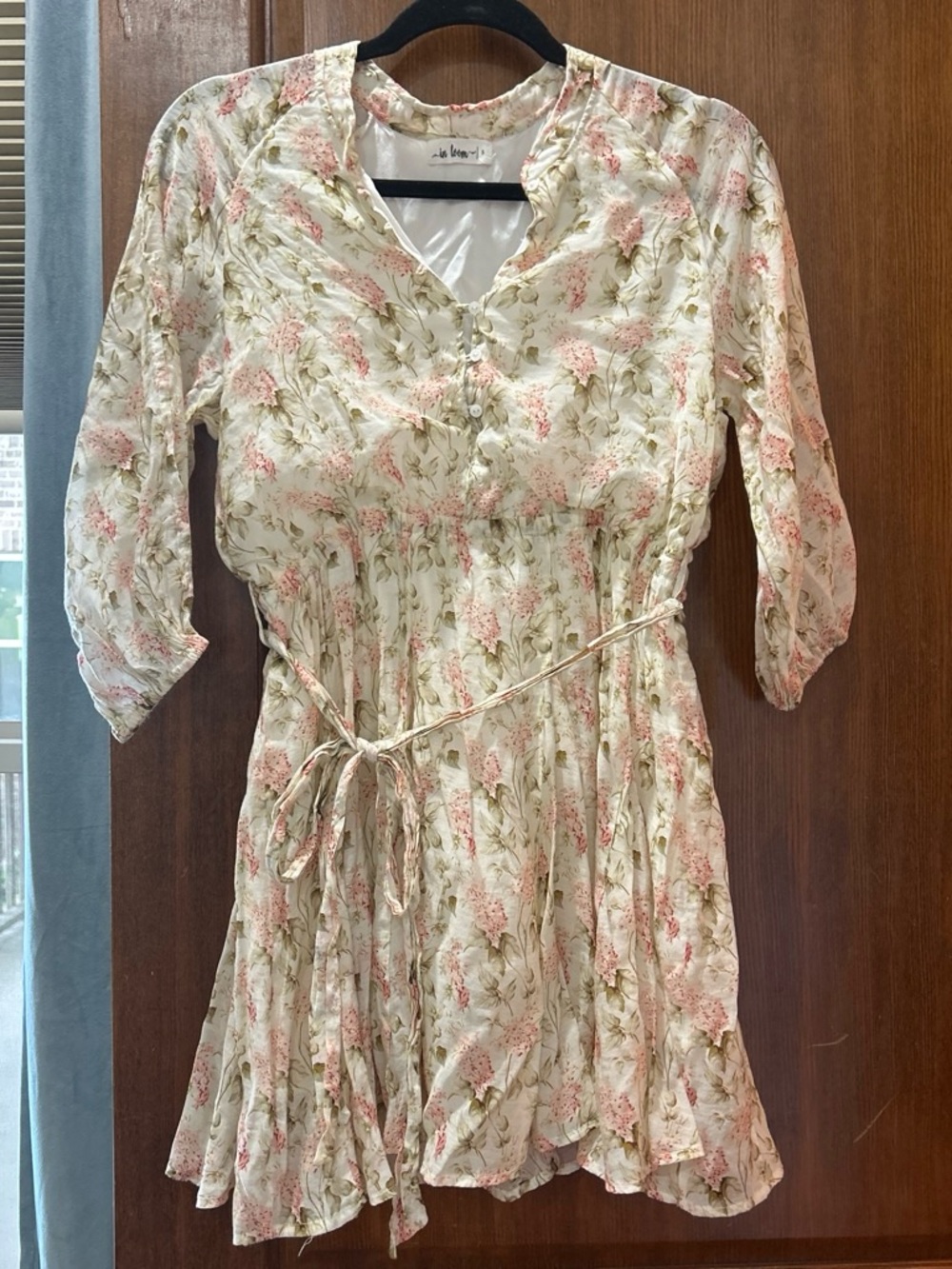 In Bloom Cream Floral Tie-Waist Dress with Pink Blossoms